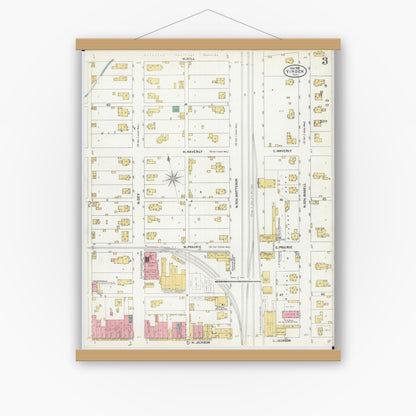 Old map wall art mockup — magnetic wood frame on white wall — Sanborn Fire Insurance Map from Virden, Macoupin County, Illinois (1906), Sheet #0003