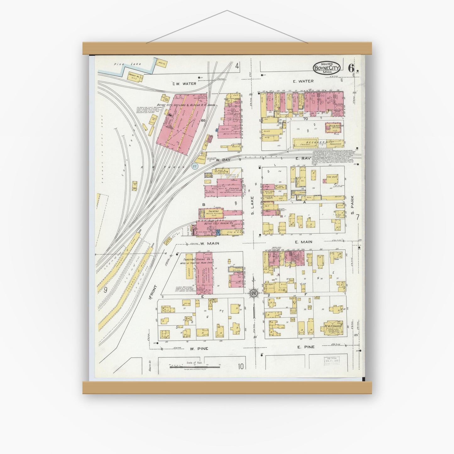 Old map wall art mockup — magnetic wood frame on white wall — Sanborn Fire Insurance Map from Boyne City, Charlevoix County, Michigan (1919), Sheet #0006