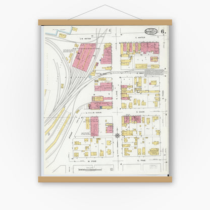 Old map wall art mockup — magnetic wood frame on white wall — Sanborn Fire Insurance Map from Boyne City, Charlevoix County, Michigan (1919), Sheet #0006