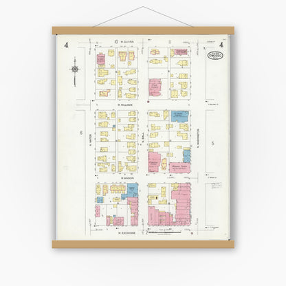 Old map wall art mockup — magnetic wood frame on white wall — Sanborn Fire Insurance Map from Owosso, Shiawassee County, Michigan (1924), Sheet #0004