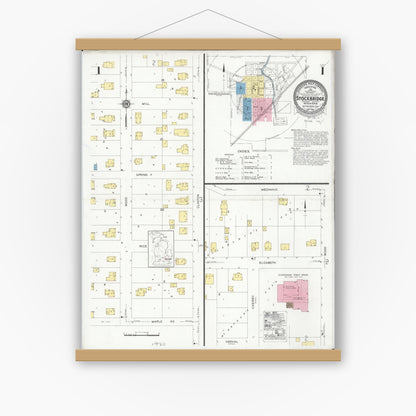 Old map wall art mockup — magnetic wood frame on white wall — Sanborn Fire Insurance Map from Stockbridge, Ingham County, Michigan (1930) - Complete Map Set
