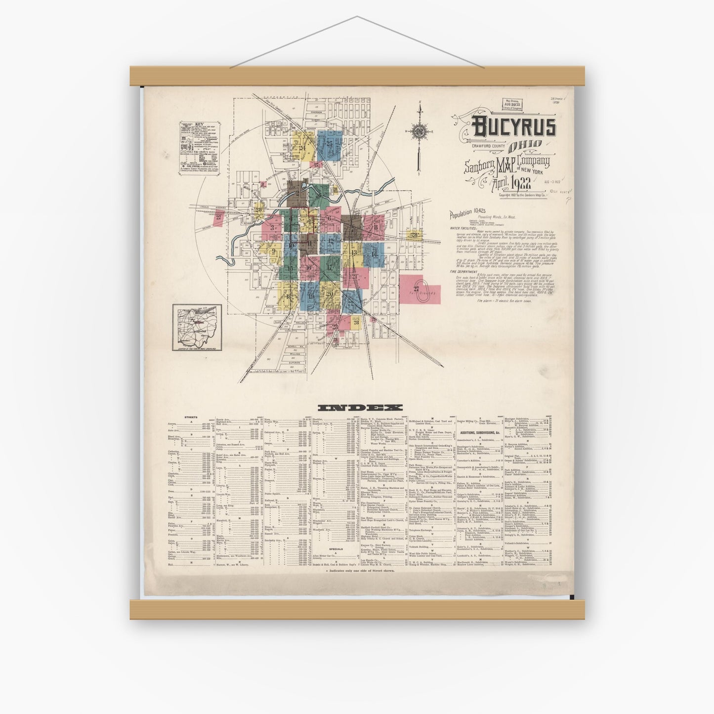 Old map wall art mockup — magnetic wood frame on white wall — Sanborn Fire Insurance Map from Bucyrus, Crawford County, Ohio (1922), Sheet #0001