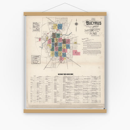 Old map wall art mockup — magnetic wood frame on white wall — Sanborn Fire Insurance Map from Bucyrus, Crawford County, Ohio (1922), Sheet #0001