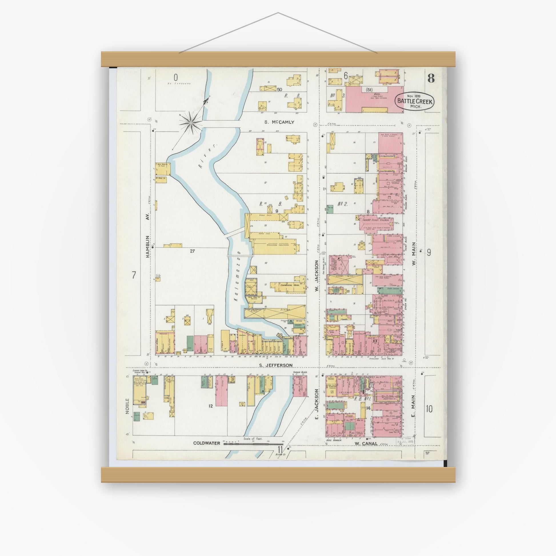 Old map wall art mockup — magnetic wood frame on white wall — Sanborn Fire Insurance Map from Battle Creek, Calhoun County, Michigan (1899), Sheet #0008
