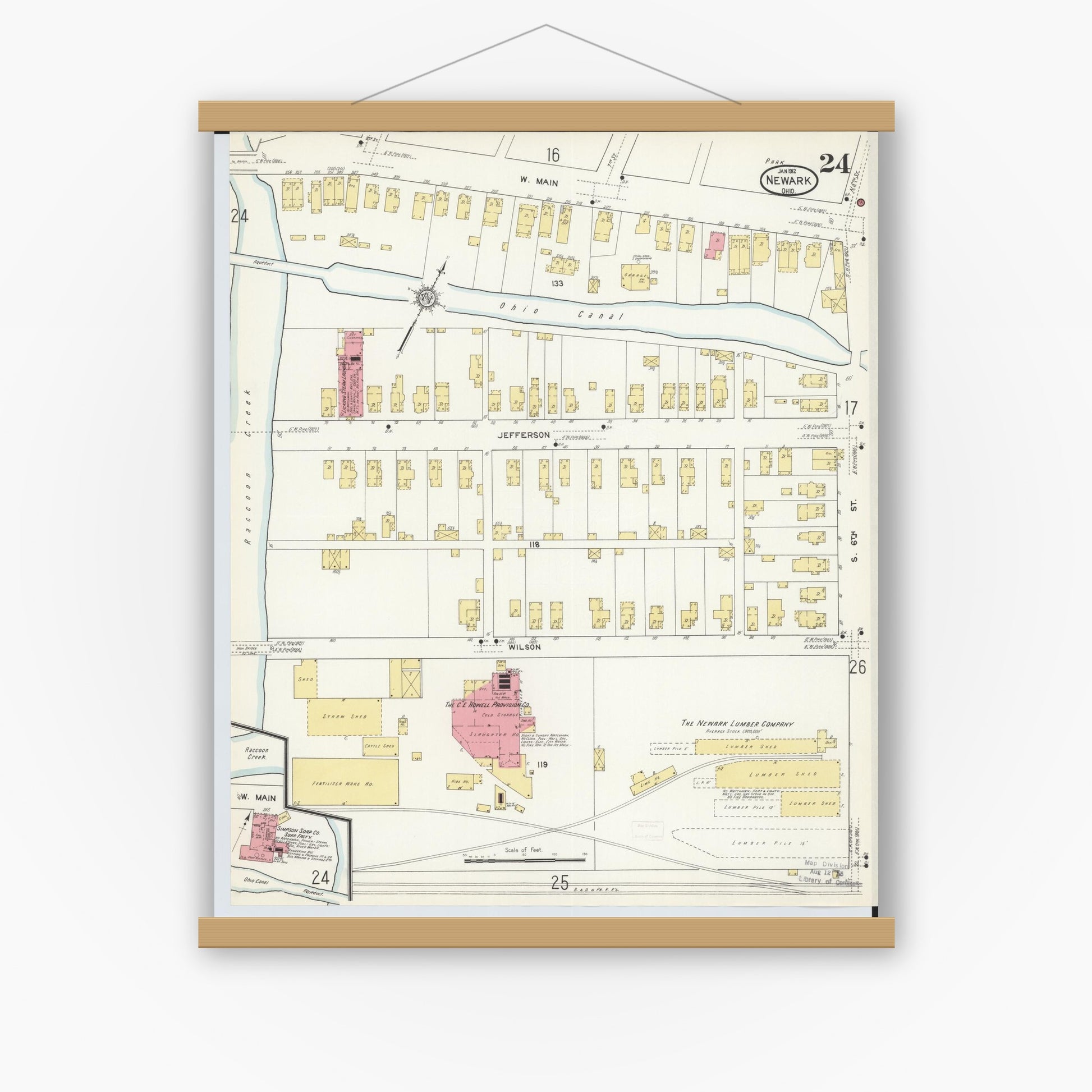 Old map wall art mockup — magnetic wood frame on white wall — Sanborn Fire Insurance Map from Newark, Licking County, Ohio (1912), Sheet #0024