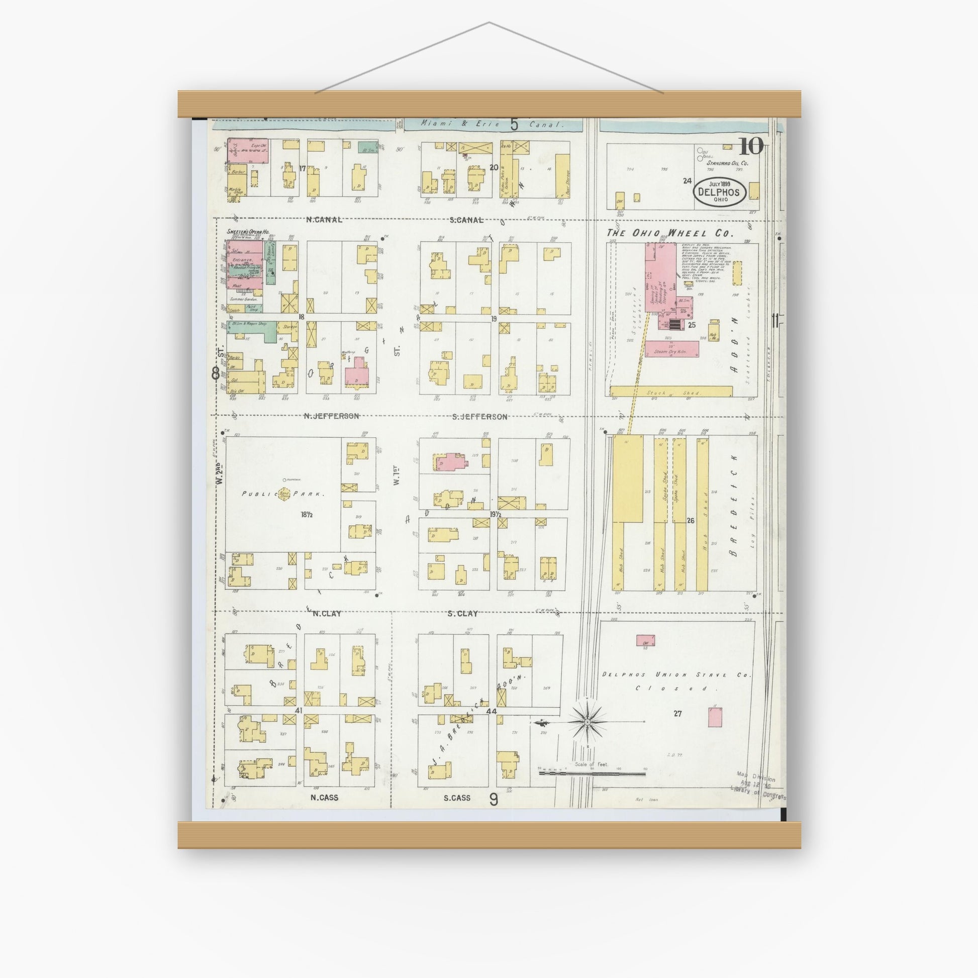 Old map wall art mockup — magnetic wood frame on white wall — Sanborn Fire Insurance Map from Delphos, Van Wert And Allen Counties, Ohio (1899), Sheet #0010