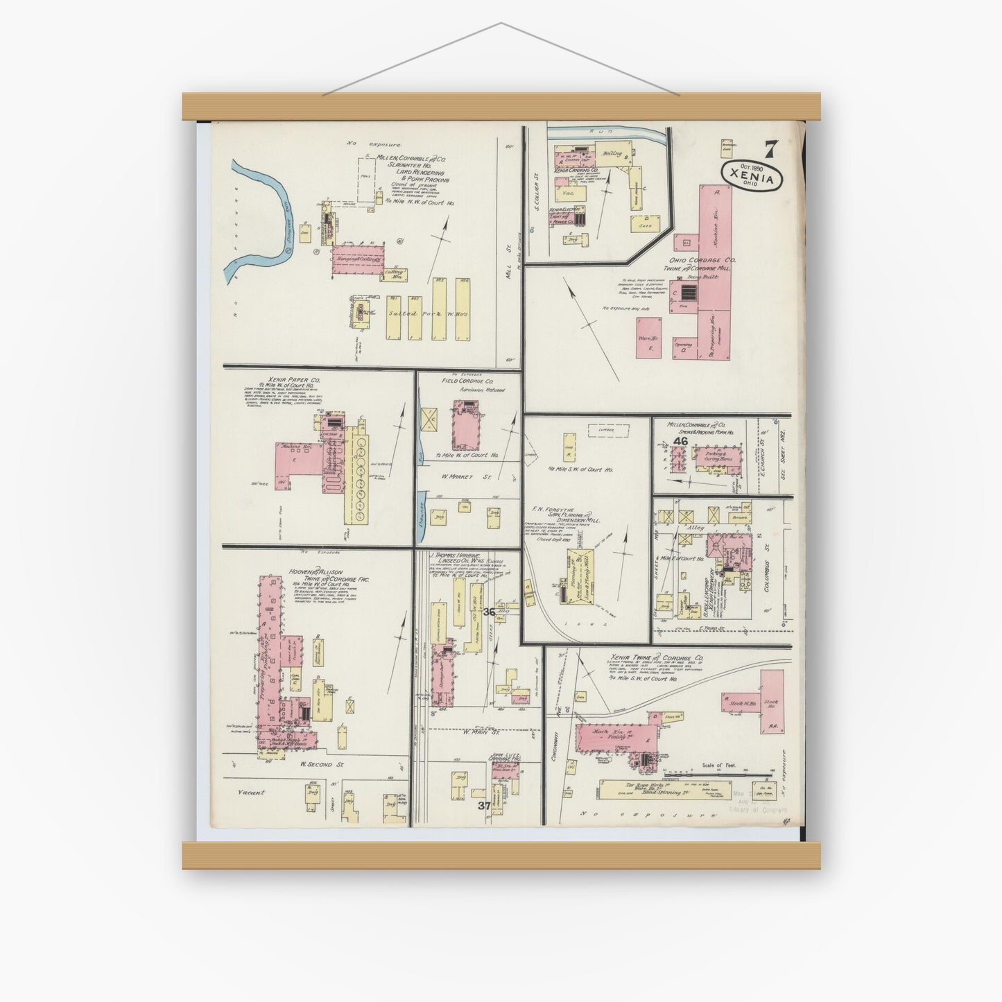 Old map wall art mockup — magnetic wood frame on white wall — Sanborn Fire Insurance Map from Xenia, Greene County, Ohio (1890), Sheet #0007