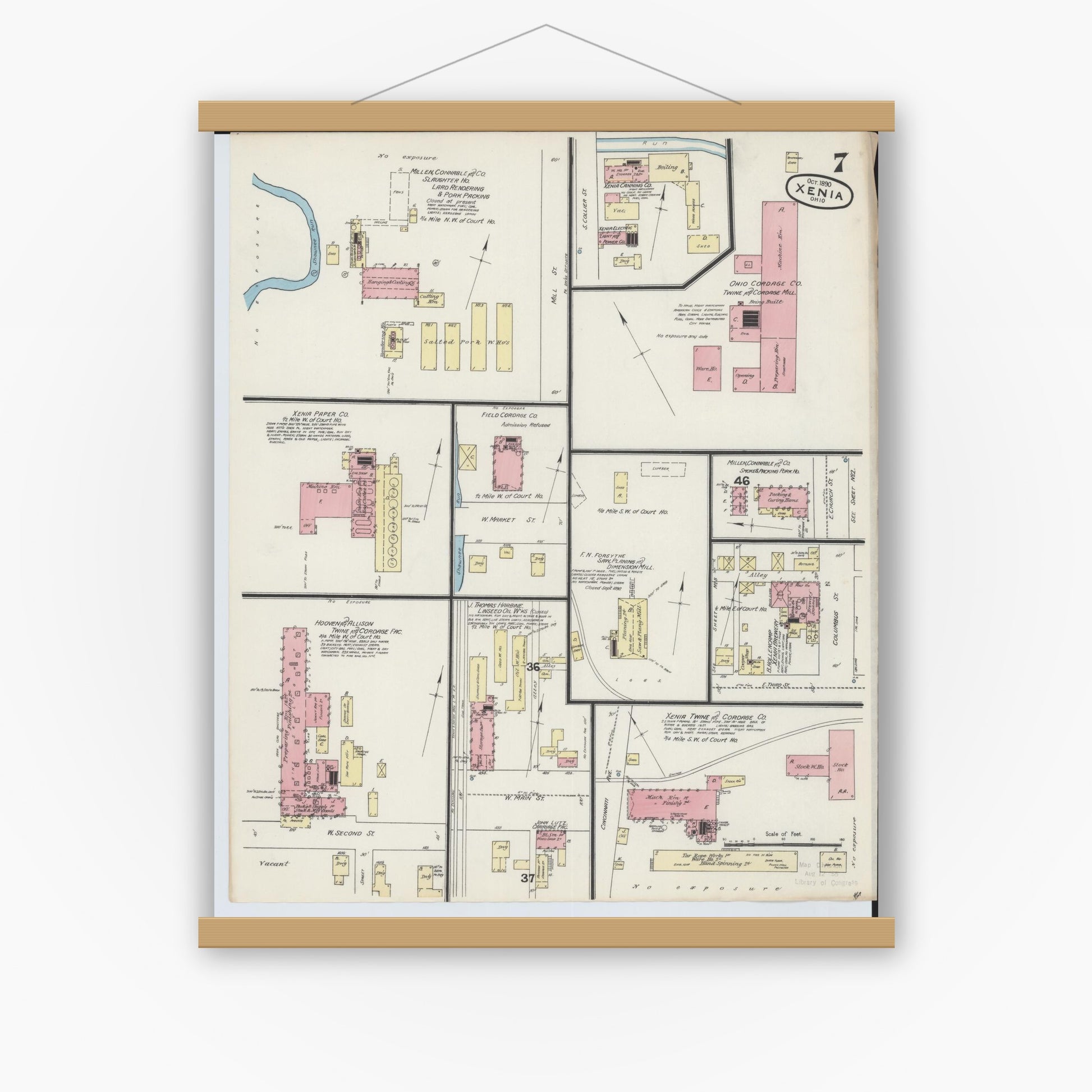 Old map wall art mockup — magnetic wood frame on white wall — Sanborn Fire Insurance Map from Xenia, Greene County, Ohio (1890), Sheet #0007