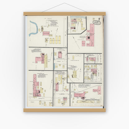 Old map wall art mockup — magnetic wood frame on white wall — Sanborn Fire Insurance Map from Xenia, Greene County, Ohio (1890), Sheet #0007