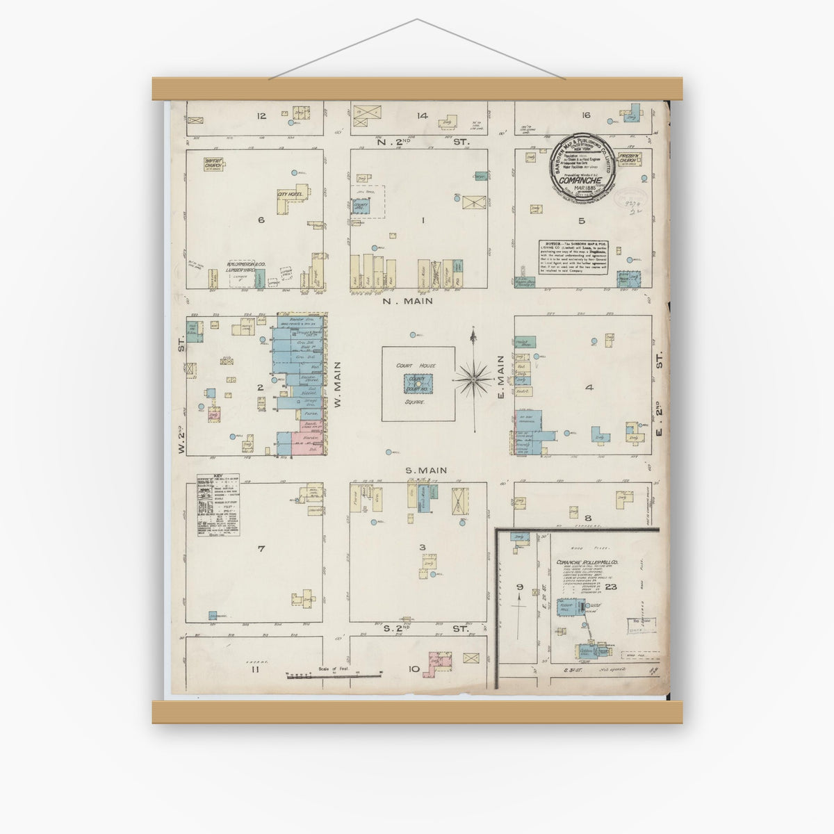 Old map wall art mockup — magnetic wood frame on white wall — Sanborn Fire Insurance Map from Comanche, Comanche County, Texas (1885), Sheet #0001