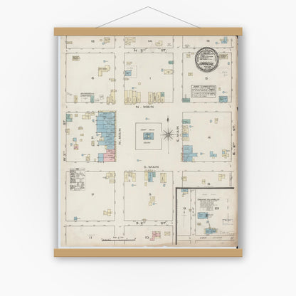 Old map wall art mockup — magnetic wood frame on white wall — Sanborn Fire Insurance Map from Comanche, Comanche County, Texas (1885), Sheet #0001