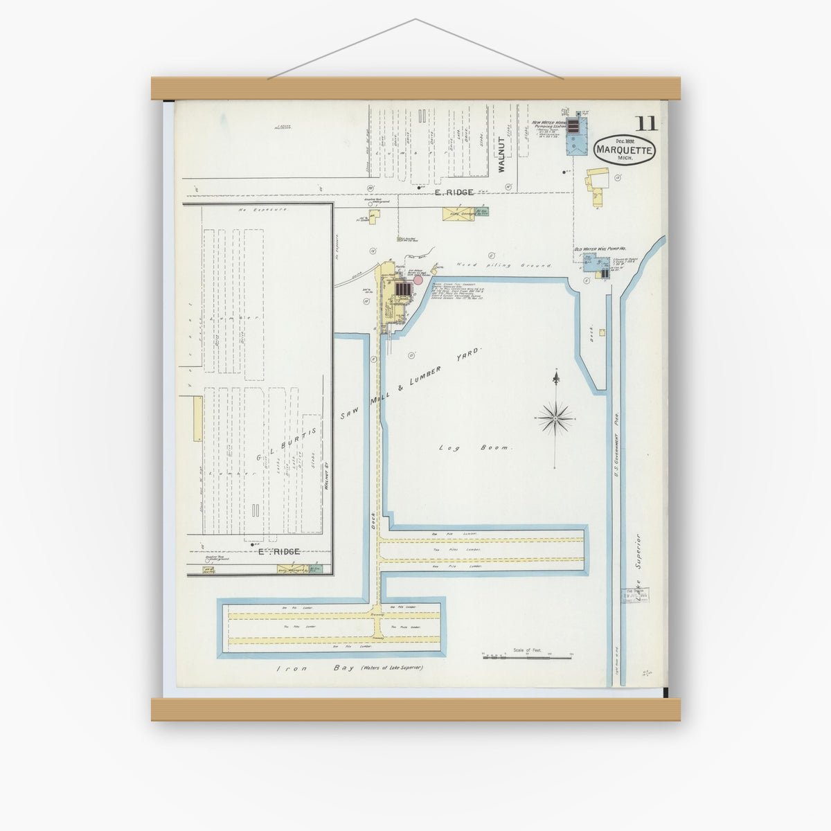 Old map wall art mockup — magnetic wood frame on white wall — Sanborn Fire Insurance Map from Marquette, Marquette County, Michigan (1892), Sheet #0011