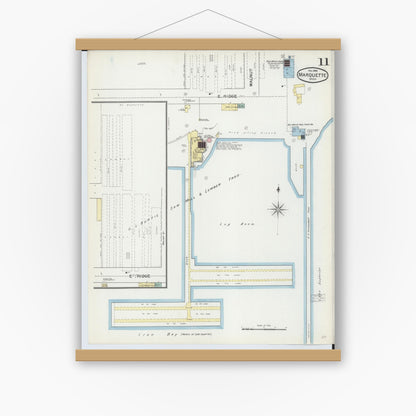 Old map wall art mockup — magnetic wood frame on white wall — Sanborn Fire Insurance Map from Marquette, Marquette County, Michigan (1892), Sheet #0011