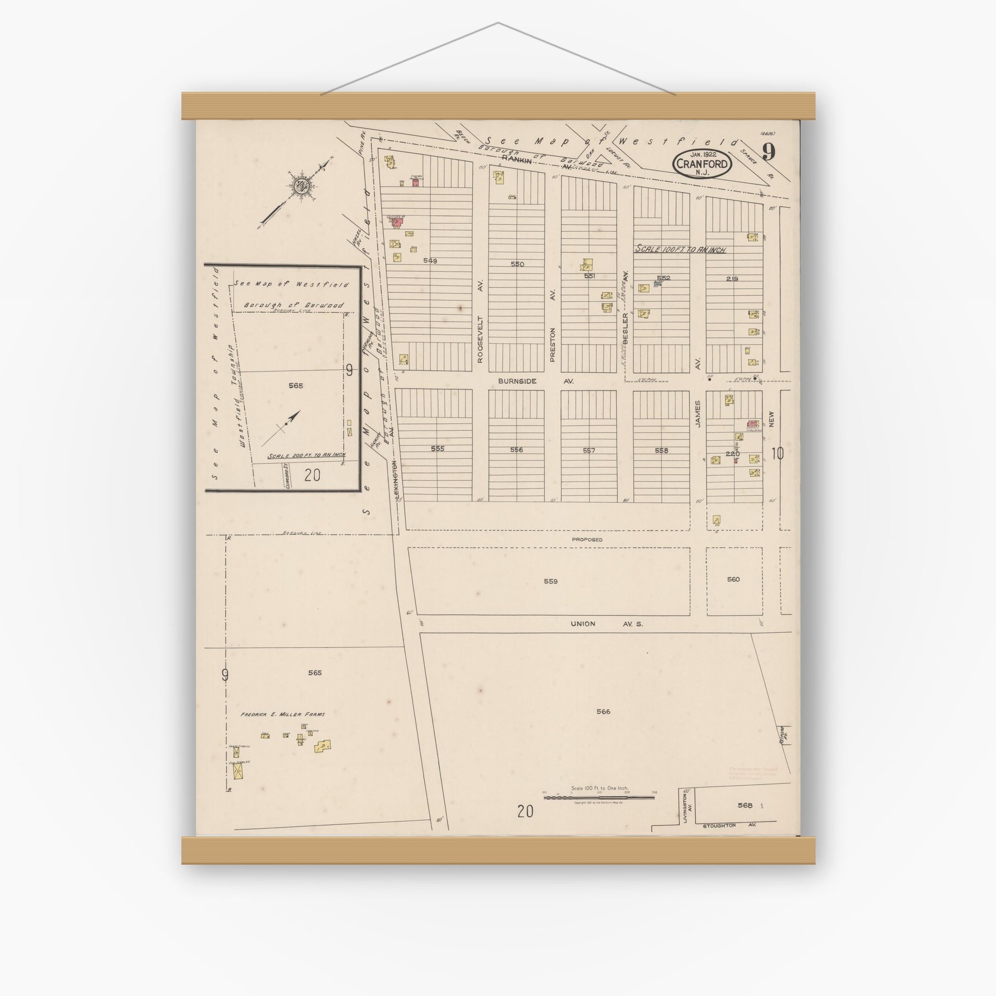 Old map wall art mockup — magnetic wood frame on white wall — Sanborn Fire Insurance Map from Cranford, Union County, New Jersey (1922), Sheet #0009