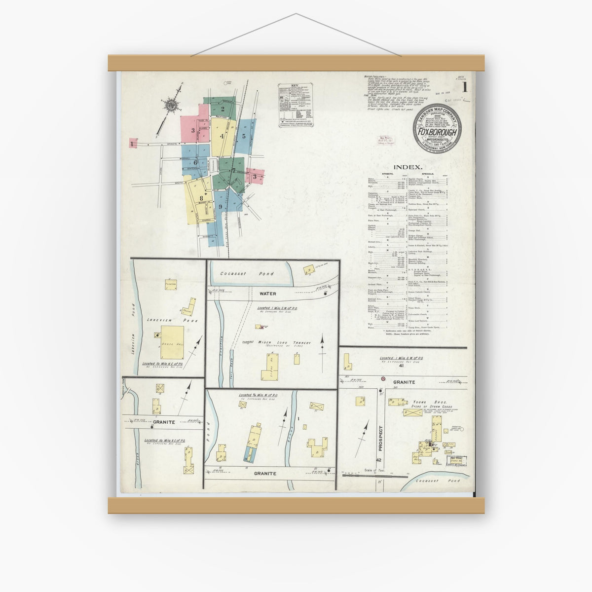 Old map wall art mockup — magnetic wood frame on white wall — Sanborn Fire Insurance Map from Foxboro, Norfolk County, Massachusetts (1911), Sheet #0001