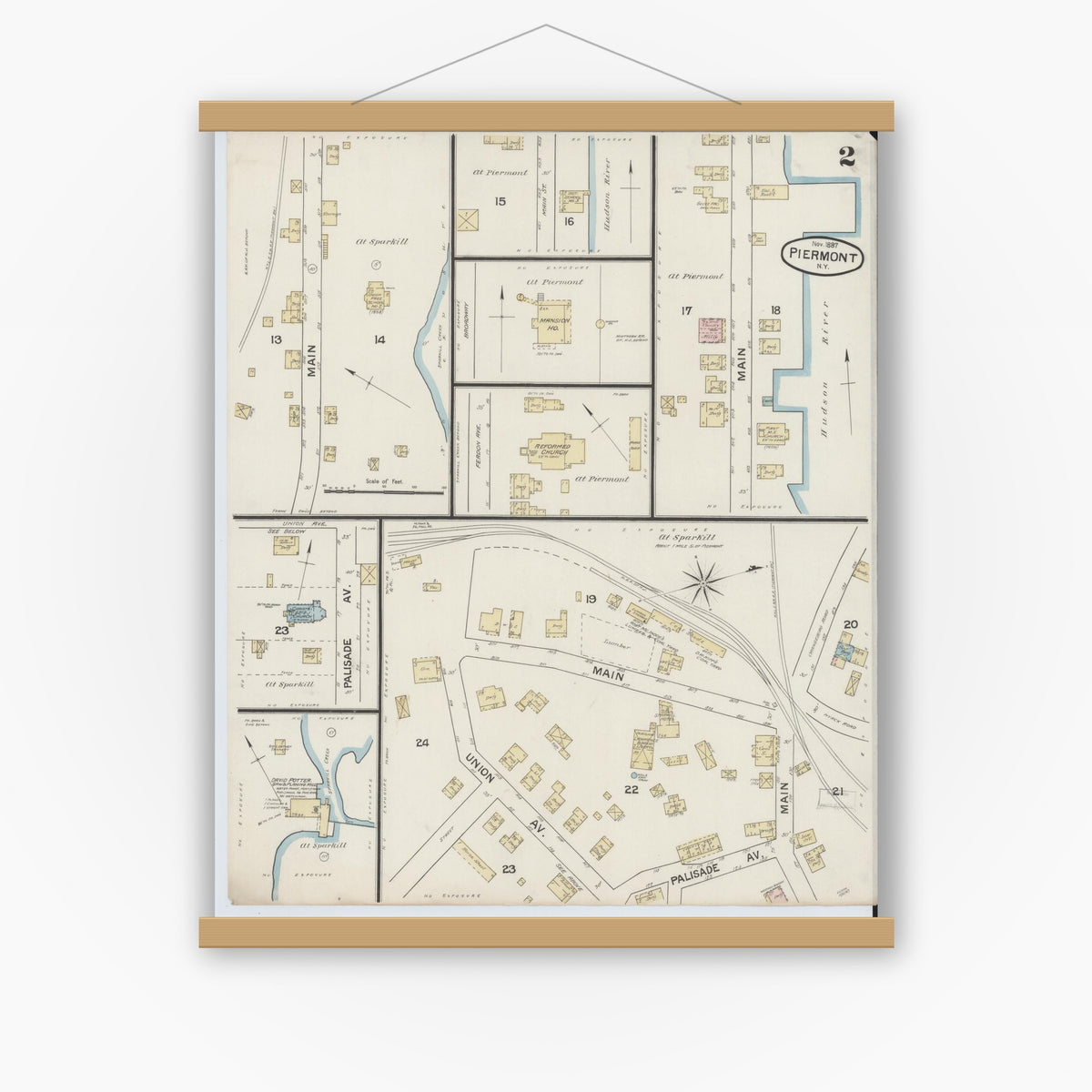 Old map wall art mockup — magnetic wood frame on white wall — Sanborn Fire Insurance Map from Piermont, Rockland County, New York (1887), Sheet #0002