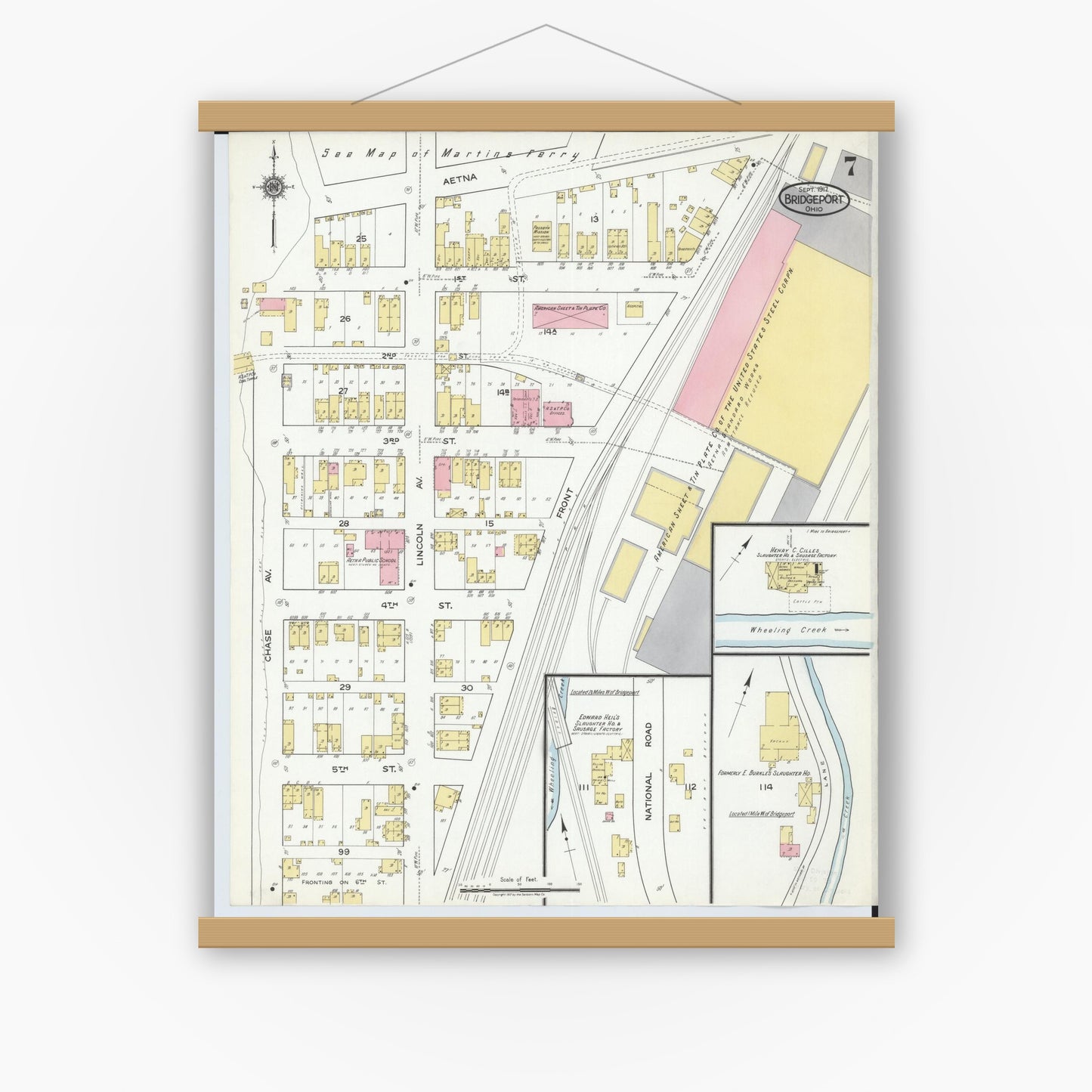 Old map wall art mockup — magnetic wood frame on white wall — Sanborn Fire Insurance Map from Bridgeport, Belmont County, Ohio (1917), Sheet #0007