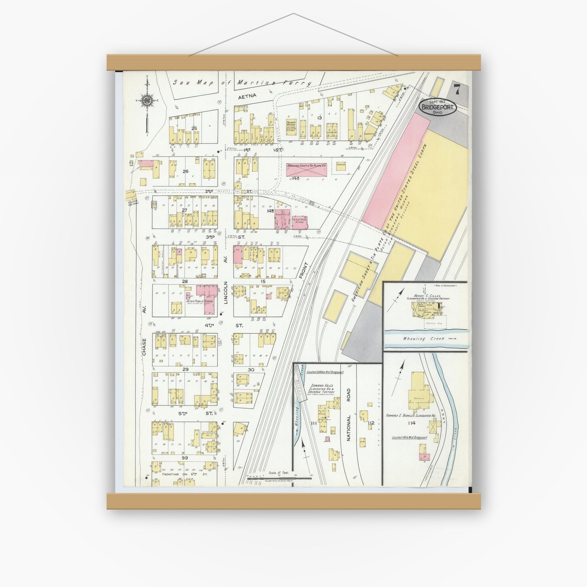 Old map wall art mockup — magnetic wood frame on white wall — Sanborn Fire Insurance Map from Bridgeport, Belmont County, Ohio (1917), Sheet #0007
