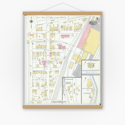 Old map wall art mockup — magnetic wood frame on white wall — Sanborn Fire Insurance Map from Bridgeport, Belmont County, Ohio (1917), Sheet #0007