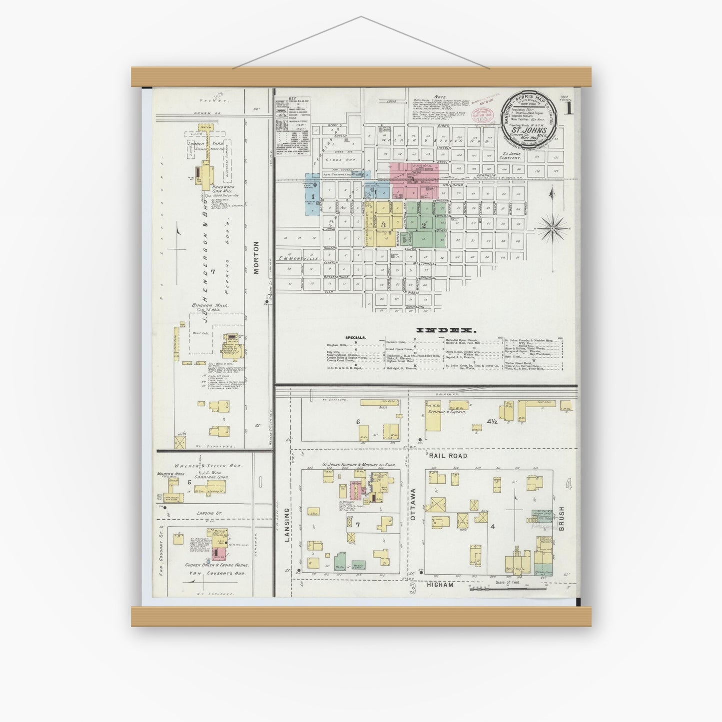 Old map wall art mockup — magnetic wood frame on white wall — Sanborn Fire Insurance Map from Saint Johns, Clinton County, Michigan (1895) - Complete Map Set