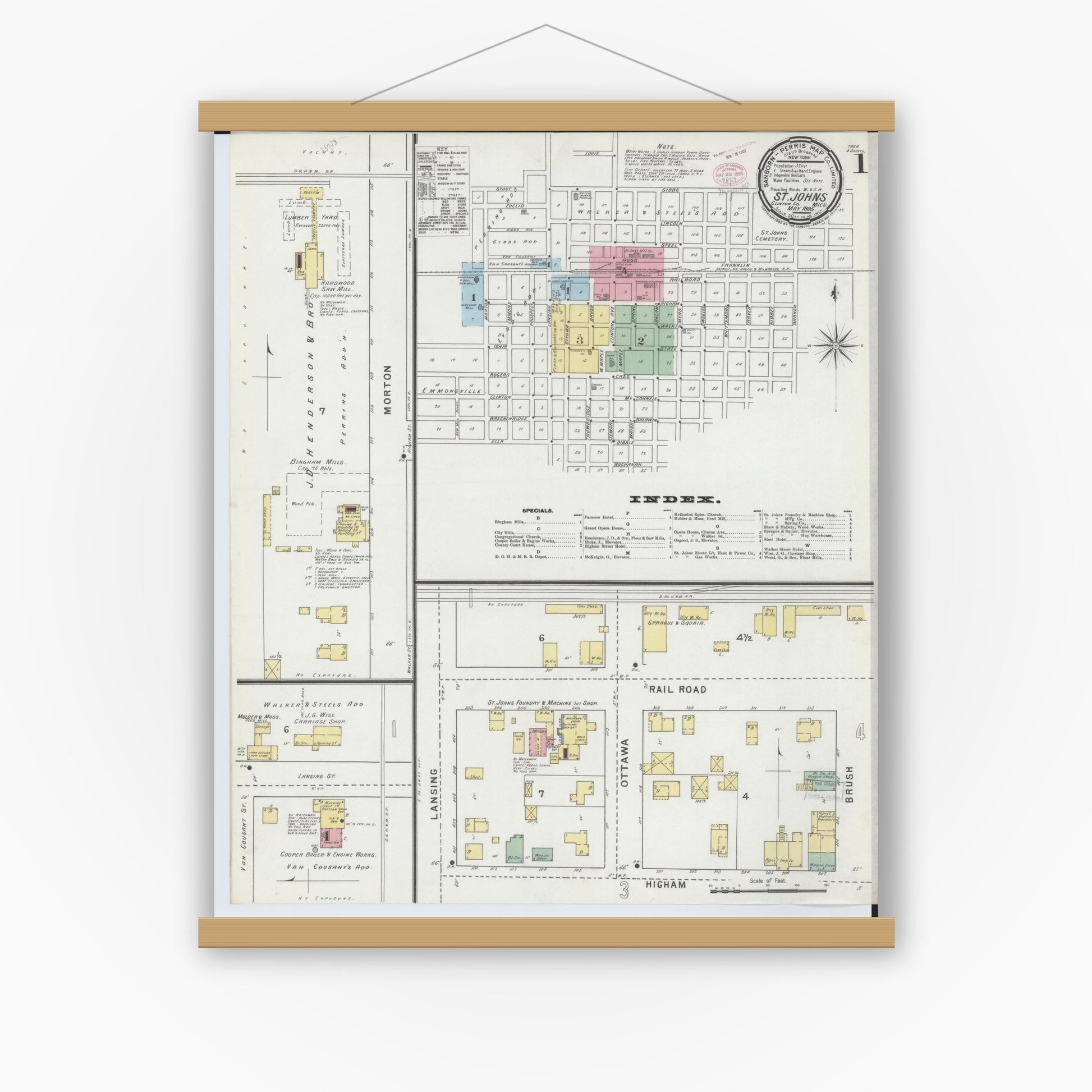 Old map wall art mockup — magnetic wood frame on white wall — Sanborn Fire Insurance Map from Saint Johns, Clinton County, Michigan (1895) - Complete Map Set