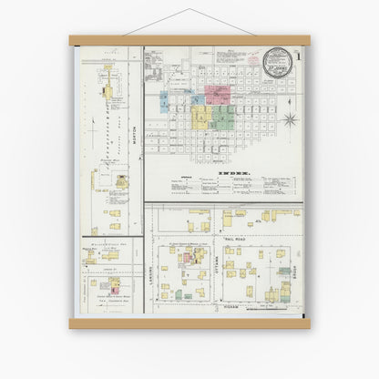 Old map wall art mockup — magnetic wood frame on white wall — Sanborn Fire Insurance Map from Saint Johns, Clinton County, Michigan (1895) - Complete Map Set