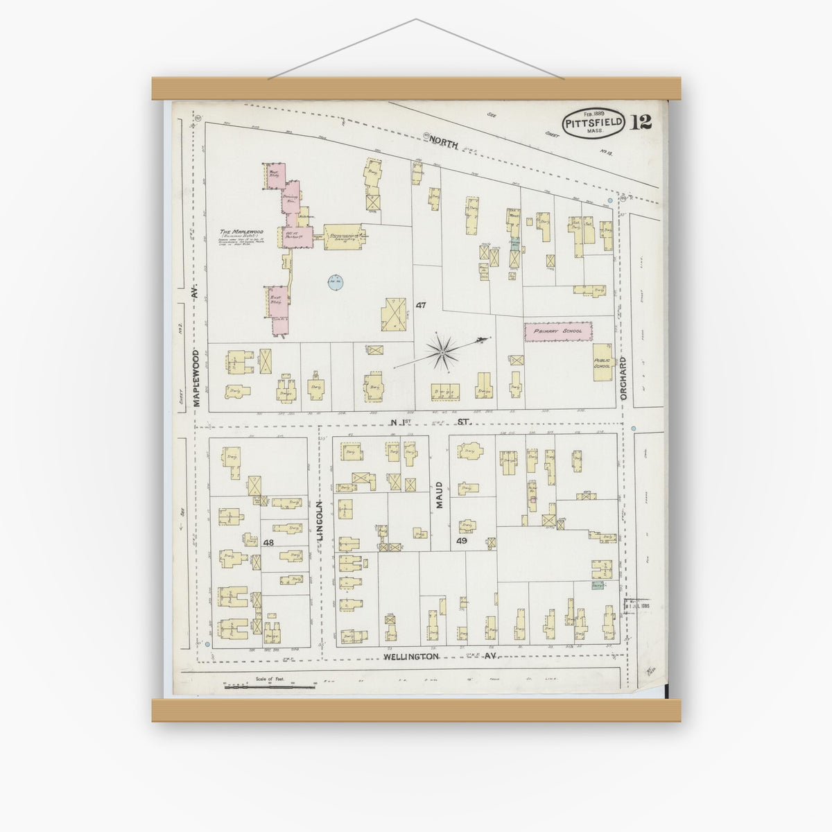 Old map wall art mockup — magnetic wood frame on white wall — Sanborn Fire Insurance Map from Pittsfield, Berkshire County, Massachusetts (1889), Sheet #0012