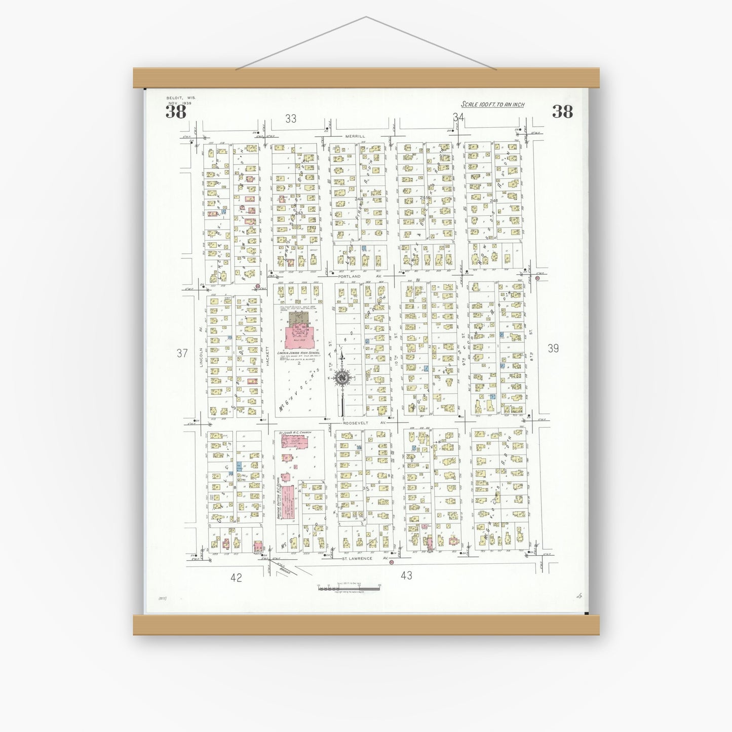 Old map wall art mockup — magnetic wood frame on white wall — Sanborn Fire Insurance Map from Beloit, Rock County, Wisconsin (1939), Sheet #0038