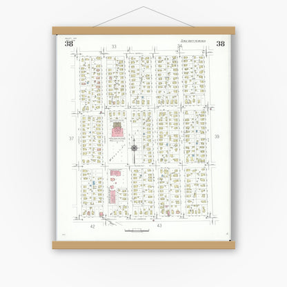 Old map wall art mockup — magnetic wood frame on white wall — Sanborn Fire Insurance Map from Beloit, Rock County, Wisconsin (1939), Sheet #0038