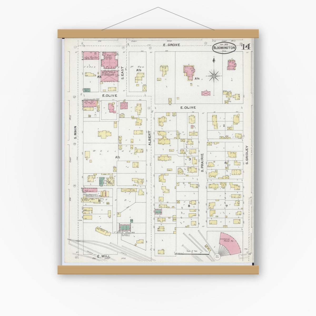 Old map wall art mockup — magnetic wood frame on white wall — Sanborn Fire Insurance Map from Bloomington, McLean County, Illinois (1892), Sheet #0014