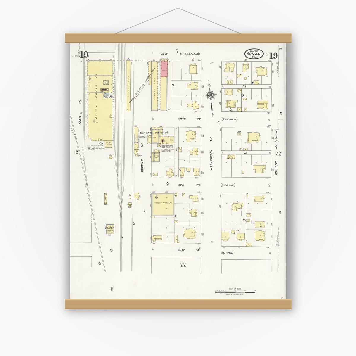 Old map wall art mockup — magnetic wood frame on white wall — Sanborn Fire Insurance Map from Bryan, Brazos County, Texas (1925), Sheet #0019