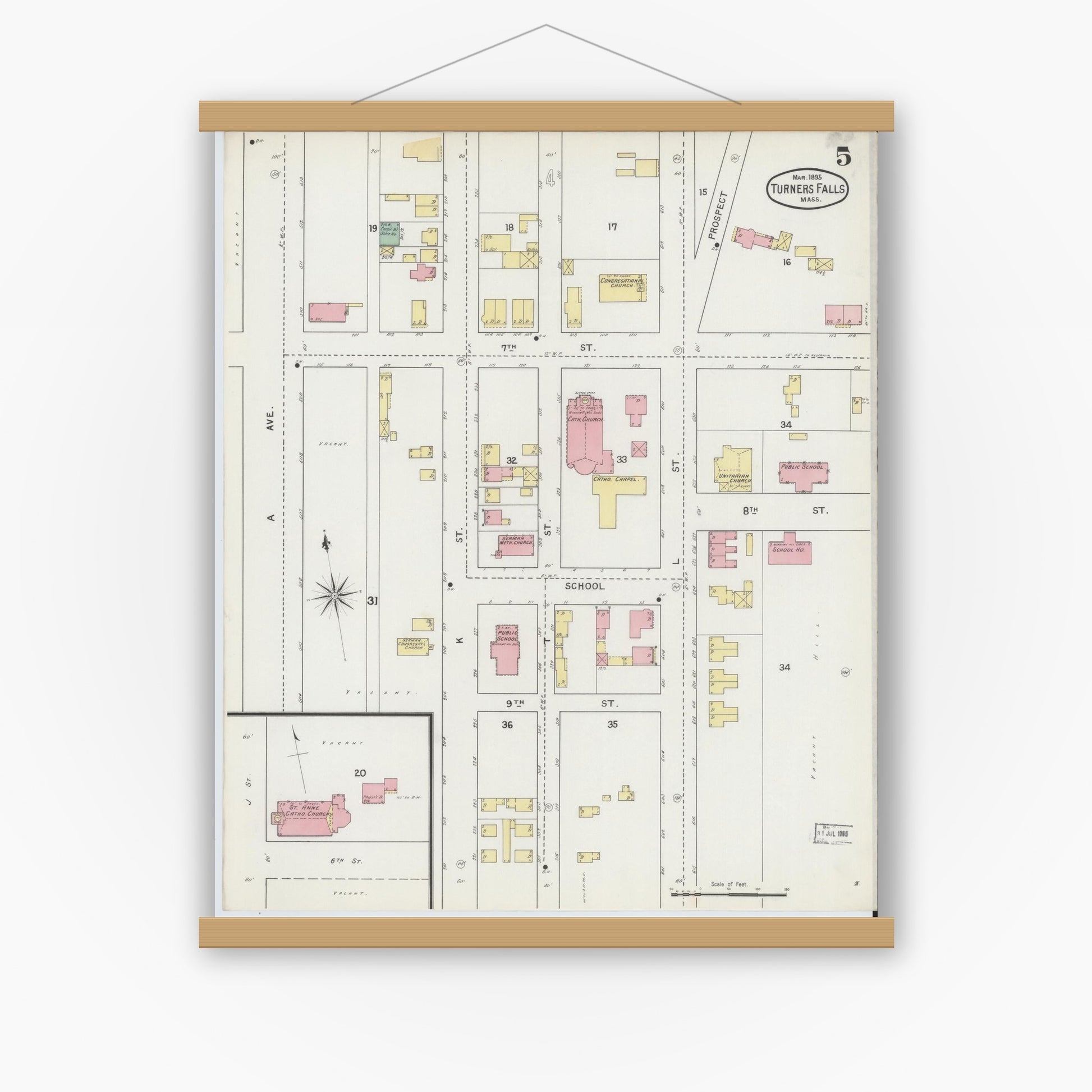 Old map wall art mockup — magnetic wood frame on white wall — Sanborn Fire Insurance Map from Turners Falls, Franklin County, Massachusetts (1895), Sheet #0005