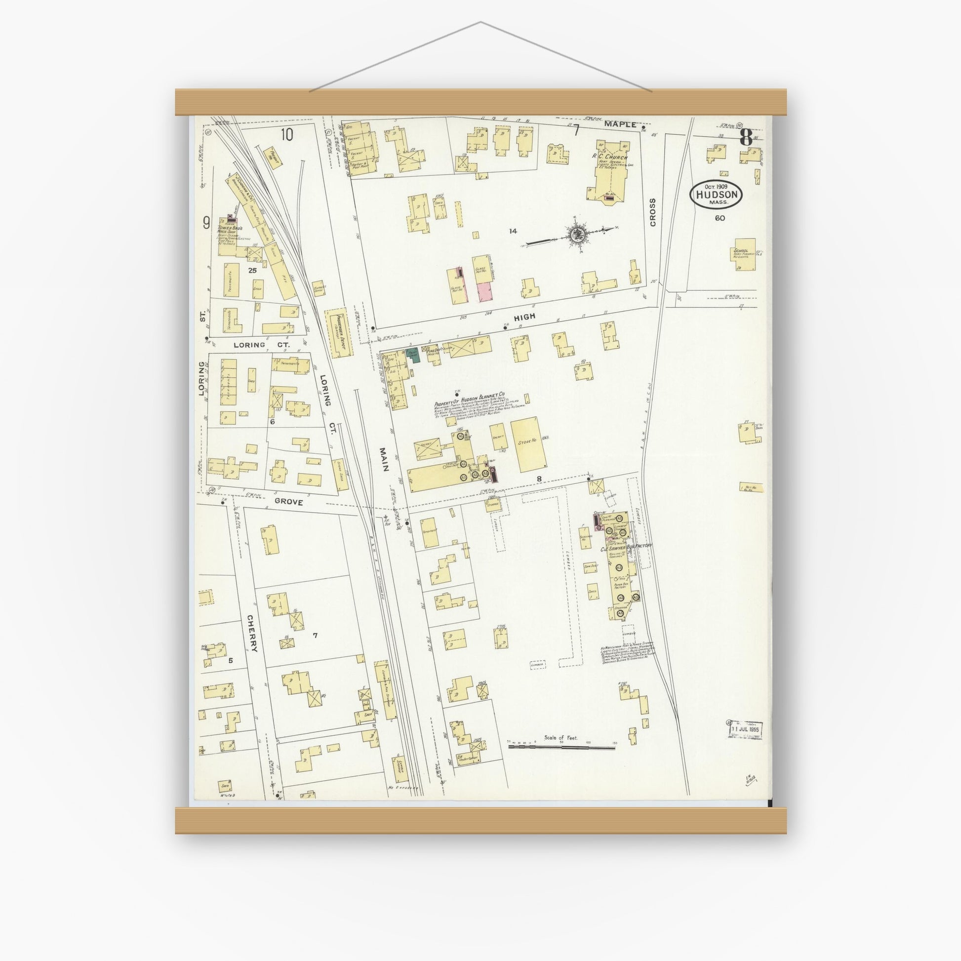 Old map wall art mockup — magnetic wood frame on white wall — Sanborn Fire Insurance Map from Hudson, Middlesex County, Massachusetts (1909), Sheet #0008