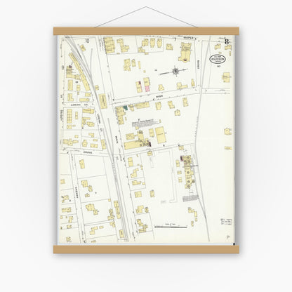 Old map wall art mockup — magnetic wood frame on white wall — Sanborn Fire Insurance Map from Hudson, Middlesex County, Massachusetts (1909), Sheet #0008