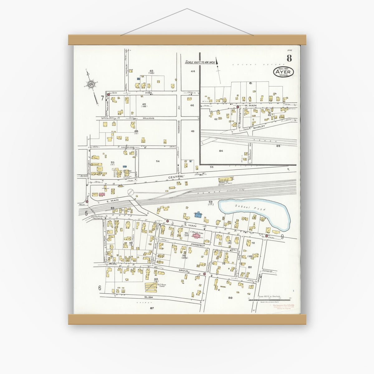 Old map wall art mockup — magnetic wood frame on white wall — Sanborn Fire Insurance Map from Ayer, Middlesex County, Massachusetts (1921), Sheet #0008