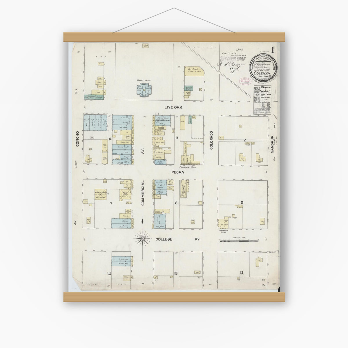 Old map wall art mockup — magnetic wood frame on white wall — Sanborn Fire Insurance Map from Coleman, Coleman County, Texas (1888), Sheet #0001