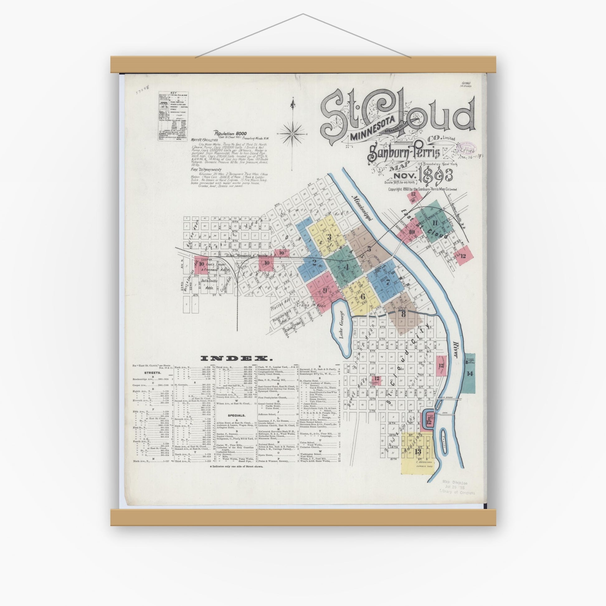 Old map wall art mockup — magnetic wood frame on white wall — Sanborn Fire Insurance Map from Saint Cloud, Stearns, Benton, and Sherburne Counties, Minnesota (1893) - Complete Map Set