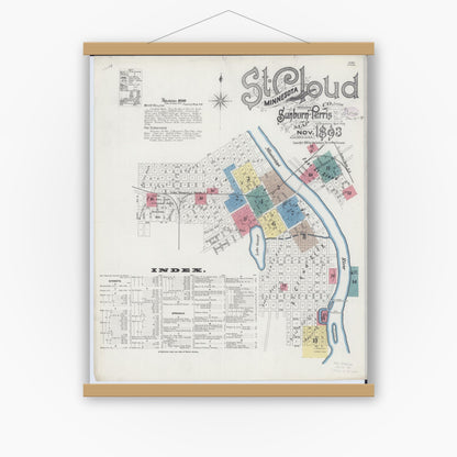 Old map wall art mockup — magnetic wood frame on white wall — Sanborn Fire Insurance Map from Saint Cloud, Stearns, Benton, and Sherburne Counties, Minnesota (1893) - Complete Map Set
