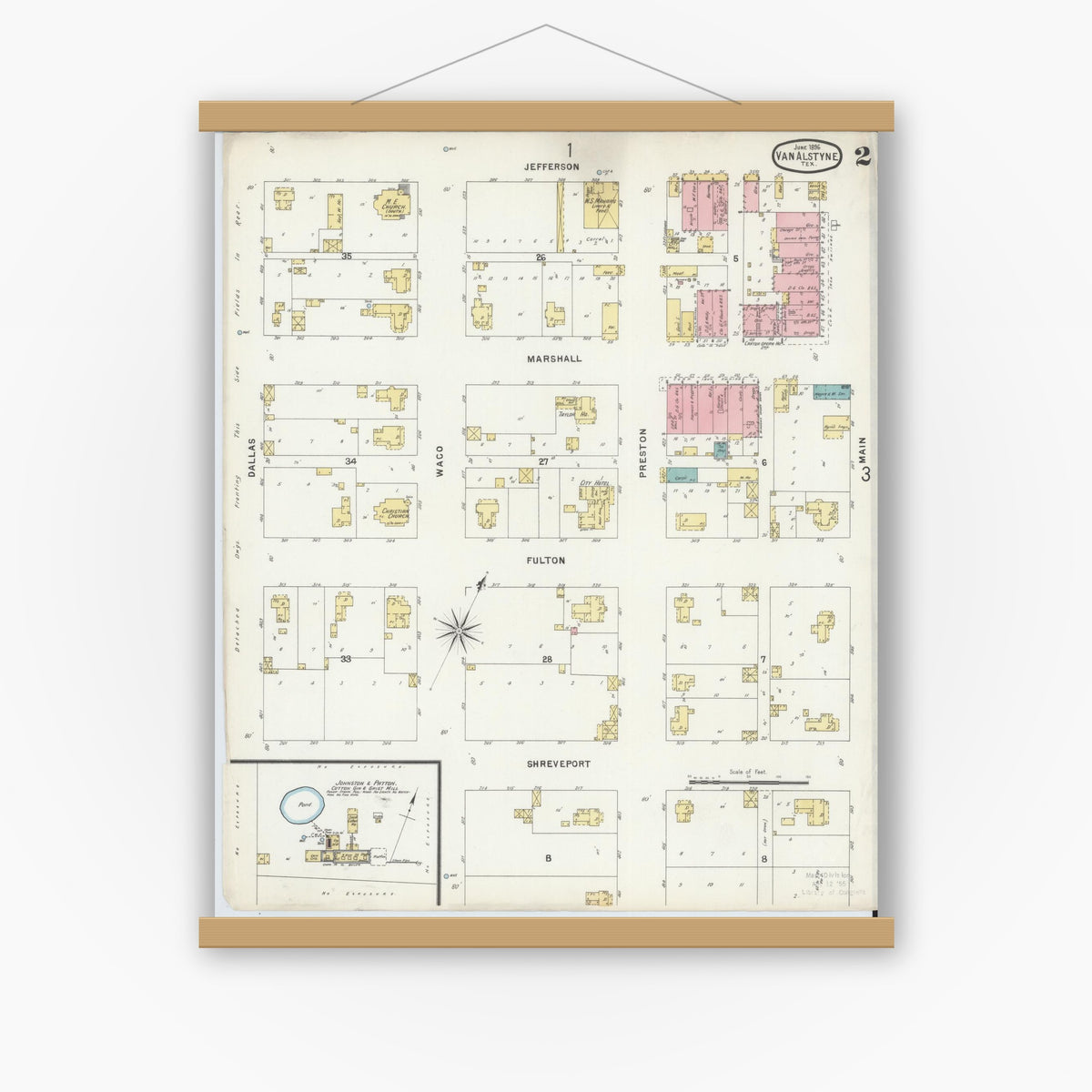 Old map wall art mockup — magnetic wood frame on white wall — Sanborn Fire Insurance Map from Van Alstyne, Grayson County, Texas (1896), Sheet #0002