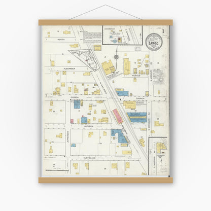 Old map wall art mockup — magnetic wood frame on white wall — Sanborn Fire Insurance Map from Largo, Pinellas County, Florida (1917), Sheet #0001