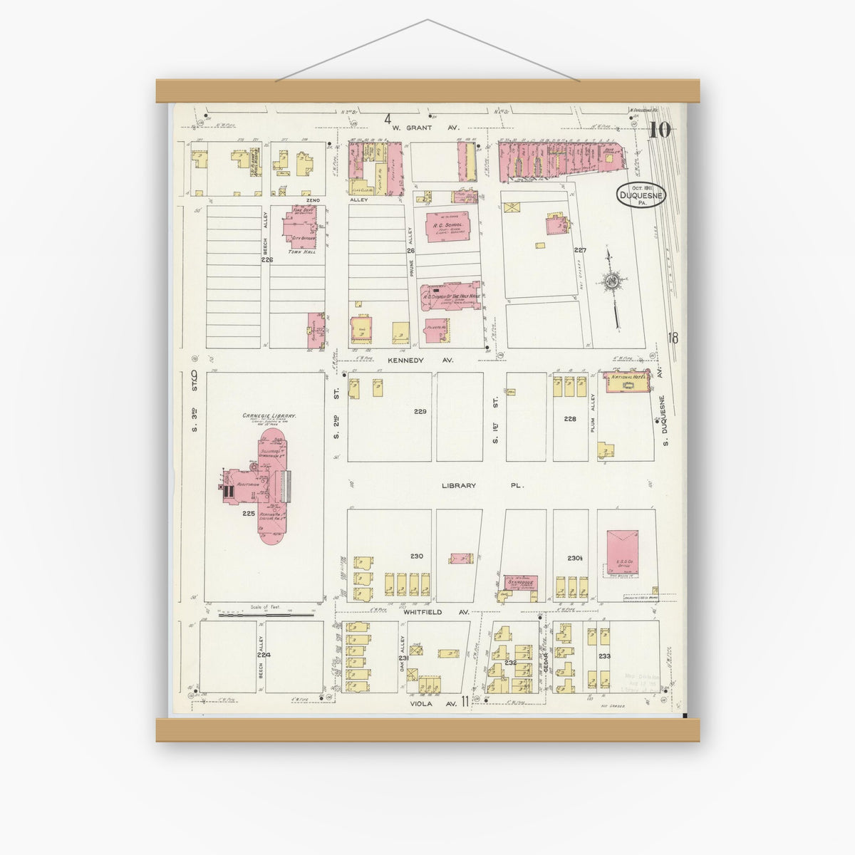 Old map wall art mockup — magnetic wood frame on white wall — Sanborn Fire Insurance Map from Duquesne, Allegheny County, Pennsylvania (1911), Sheet #0010