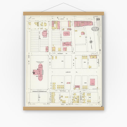 Old map wall art mockup — magnetic wood frame on white wall — Sanborn Fire Insurance Map from Duquesne, Allegheny County, Pennsylvania (1911), Sheet #0010