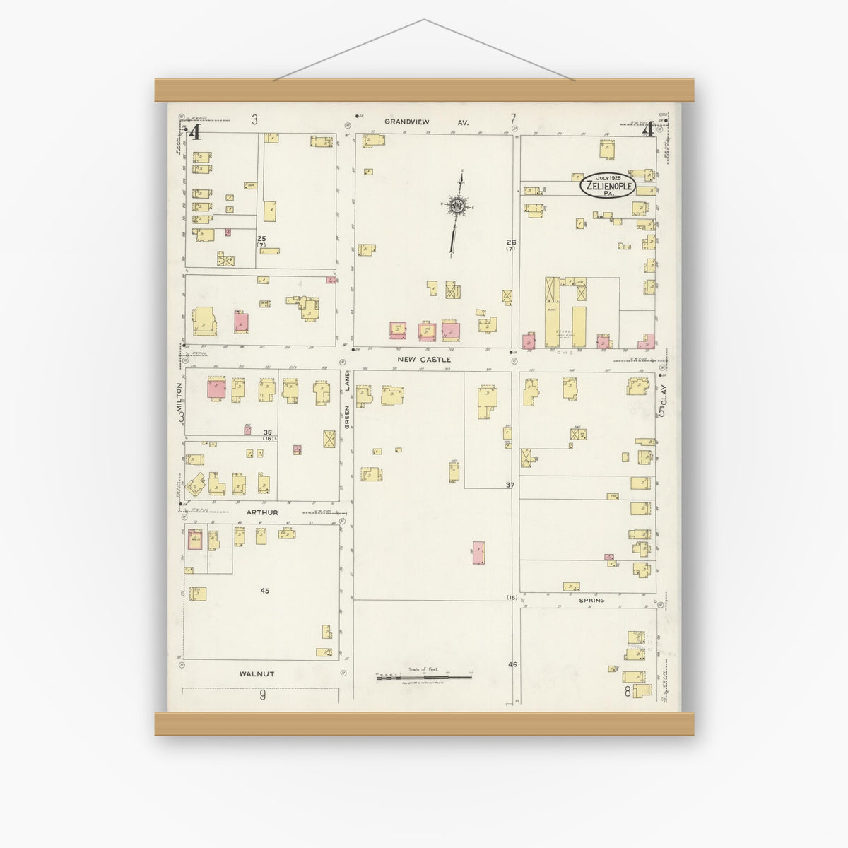 Old map wall art mockup — magnetic wood frame on white wall — Sanborn Fire Insurance Map from Zelienople, Butler County, Pennsylvania (1925), Sheet #0004