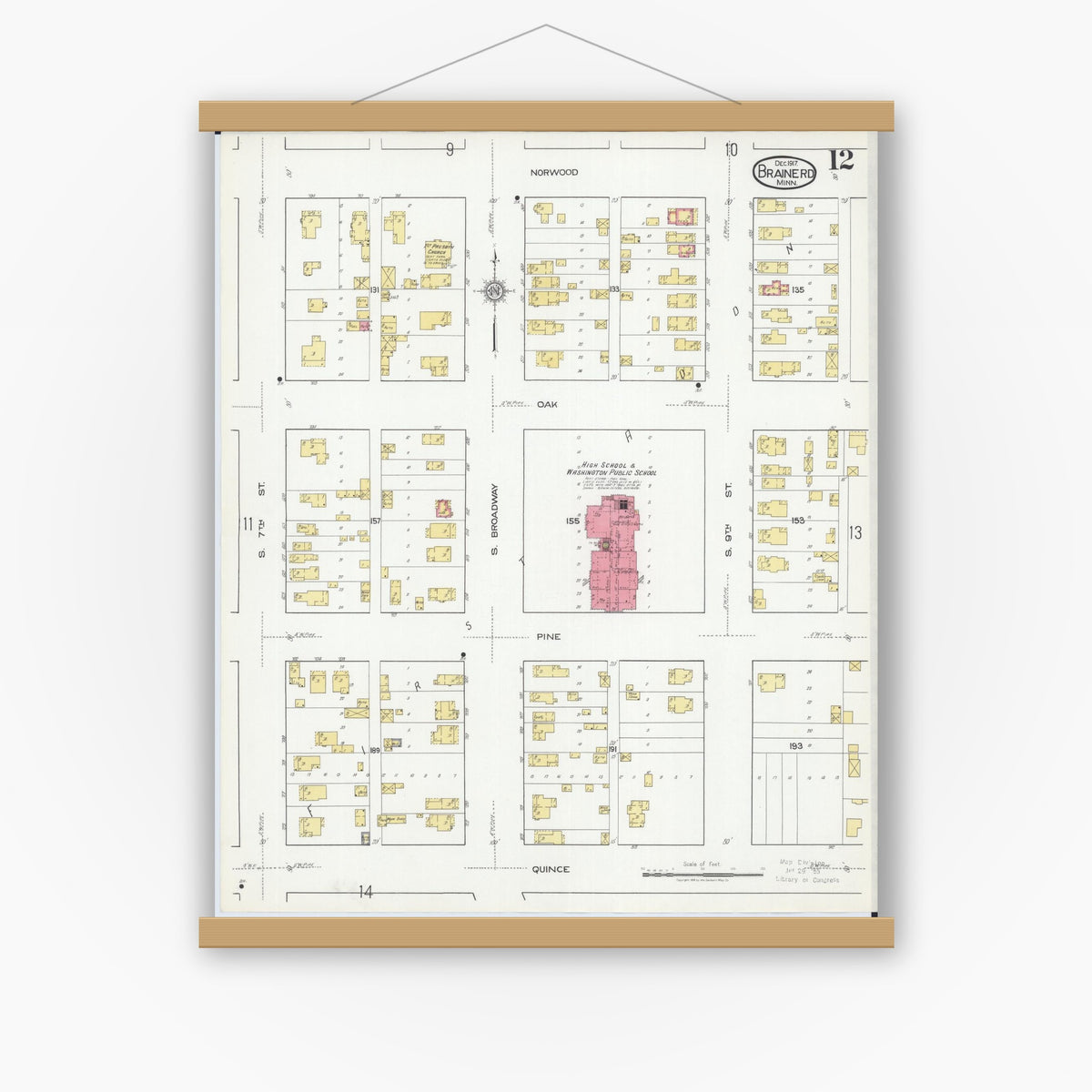 Old map wall art mockup — magnetic wood frame on white wall — Sanborn Fire Insurance Map from Brainerd, Crow Wing County, Minnesota (1917), Sheet #0012
