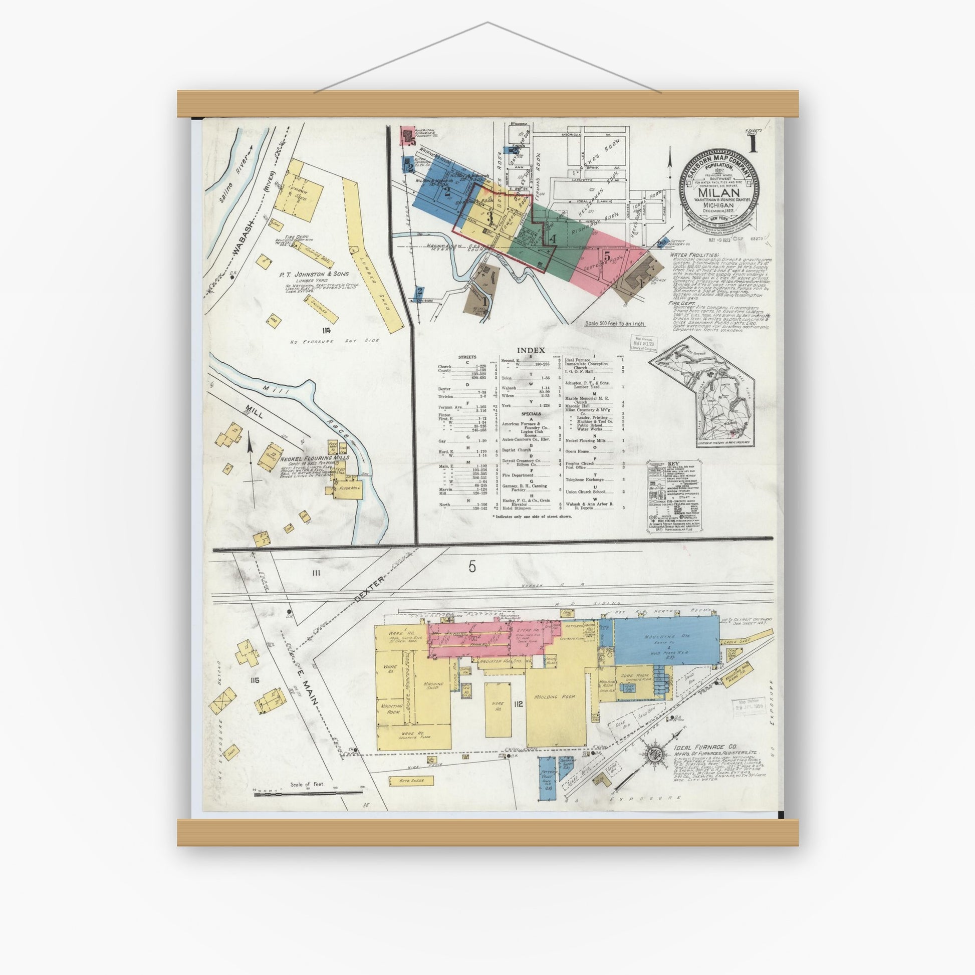 Old map wall art mockup — magnetic wood frame on white wall — Sanborn Fire Insurance Map from Milan, Washtenaw And Monroe Counties, Michigan (1922) - Complete Map Set