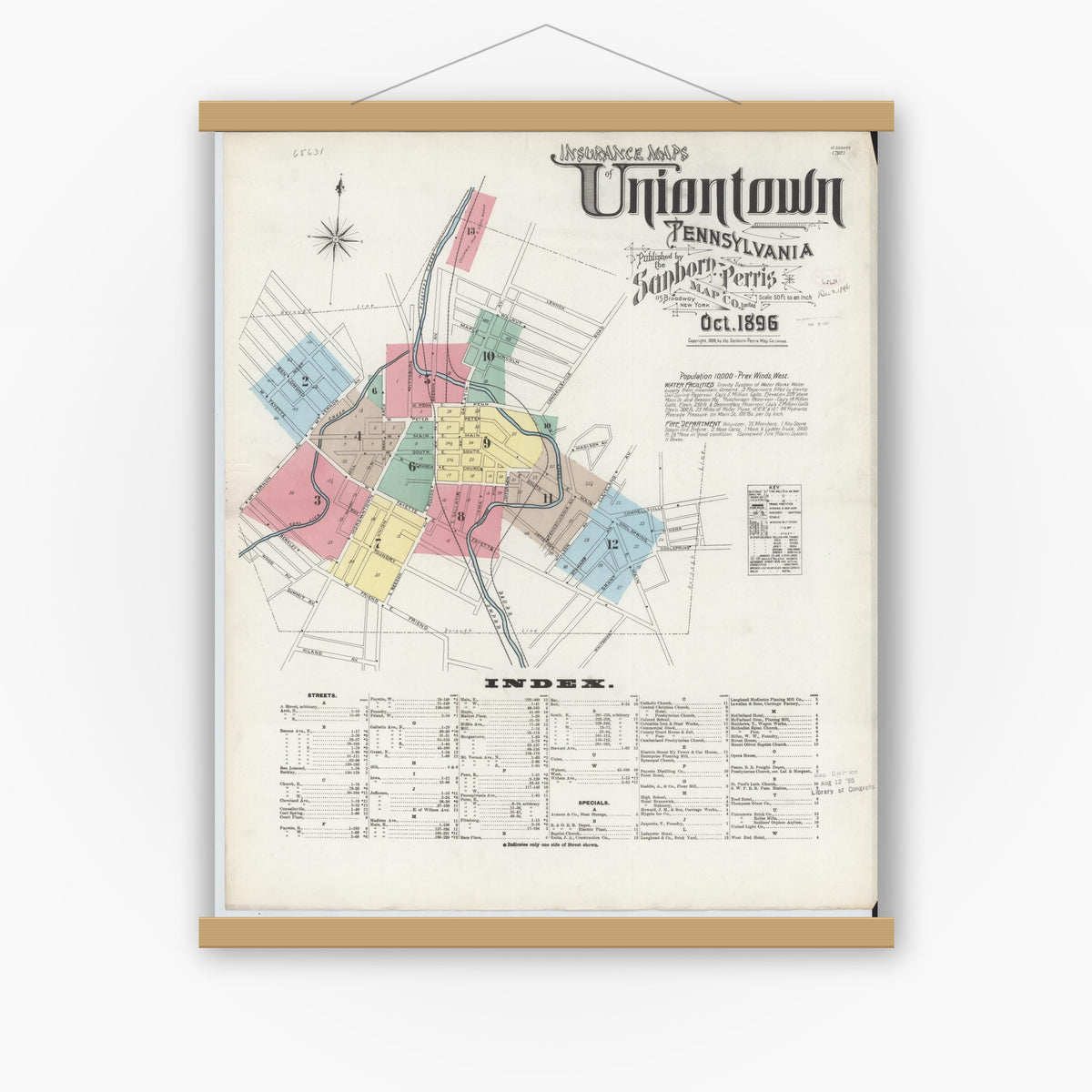 Old map wall art mockup — magnetic wood frame on white wall — Sanborn Fire Insurance Map from Uniontown, Fayette County, Pennsylvania (1896) - Complete Map Set