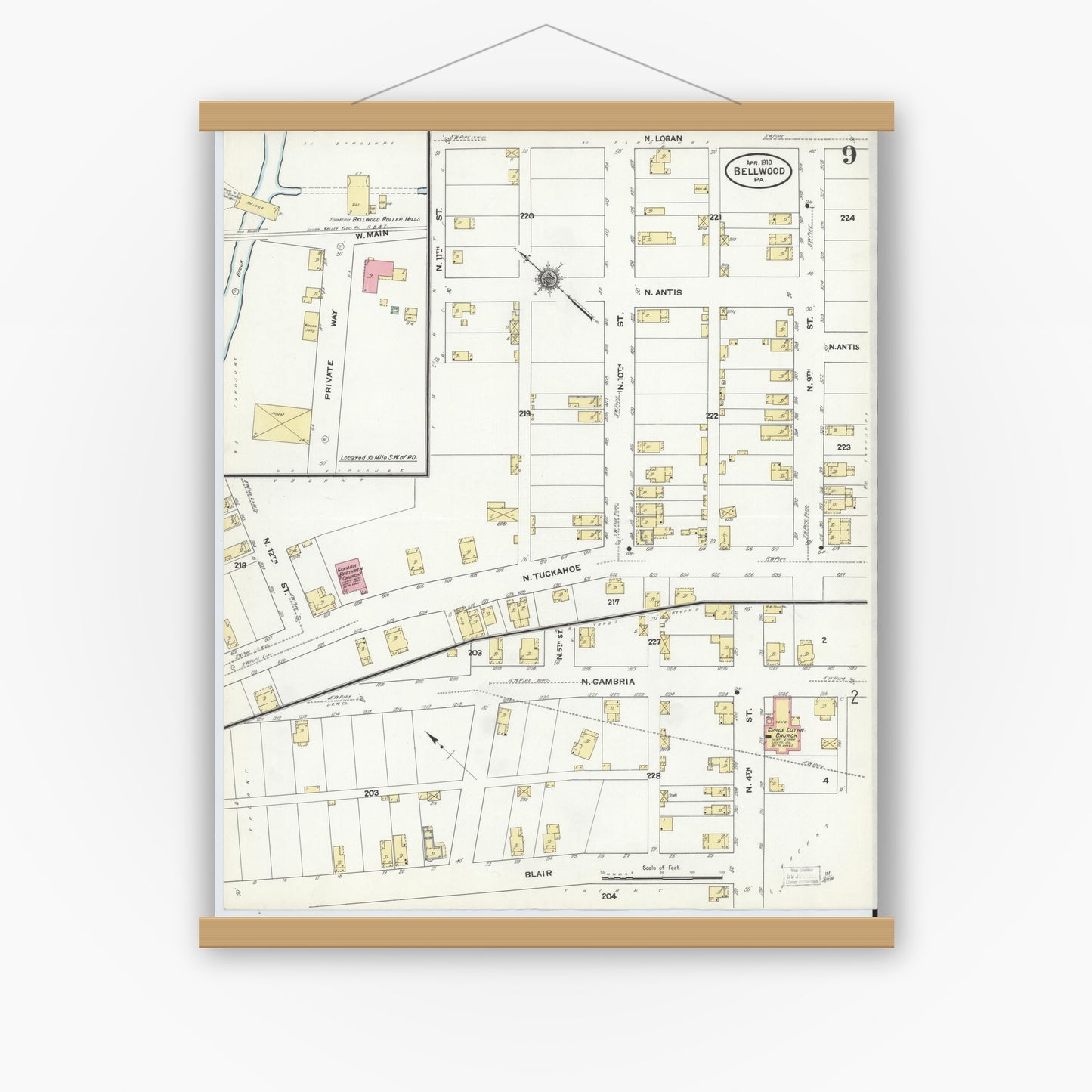 Old map wall art mockup — magnetic wood frame on white wall — Sanborn Fire Insurance Map from Bellwood, Blair County, Pennsylvania (1910), Sheet #0009