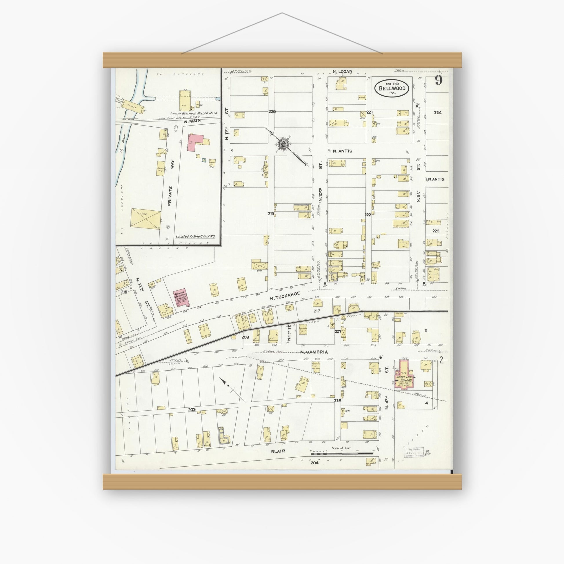 Old map wall art mockup — magnetic wood frame on white wall — Sanborn Fire Insurance Map from Bellwood, Blair County, Pennsylvania (1910), Sheet #0009