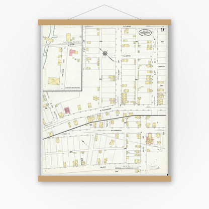 Old map wall art mockup — magnetic wood frame on white wall — Sanborn Fire Insurance Map from Bellwood, Blair County, Pennsylvania (1910), Sheet #0009