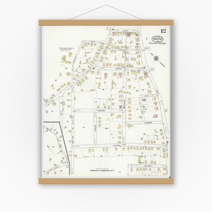 Old map wall art mockup — magnetic wood frame on white wall — Sanborn Fire Insurance Map from Newton, Sussex County, New Jersey (1916), Sheet #0012